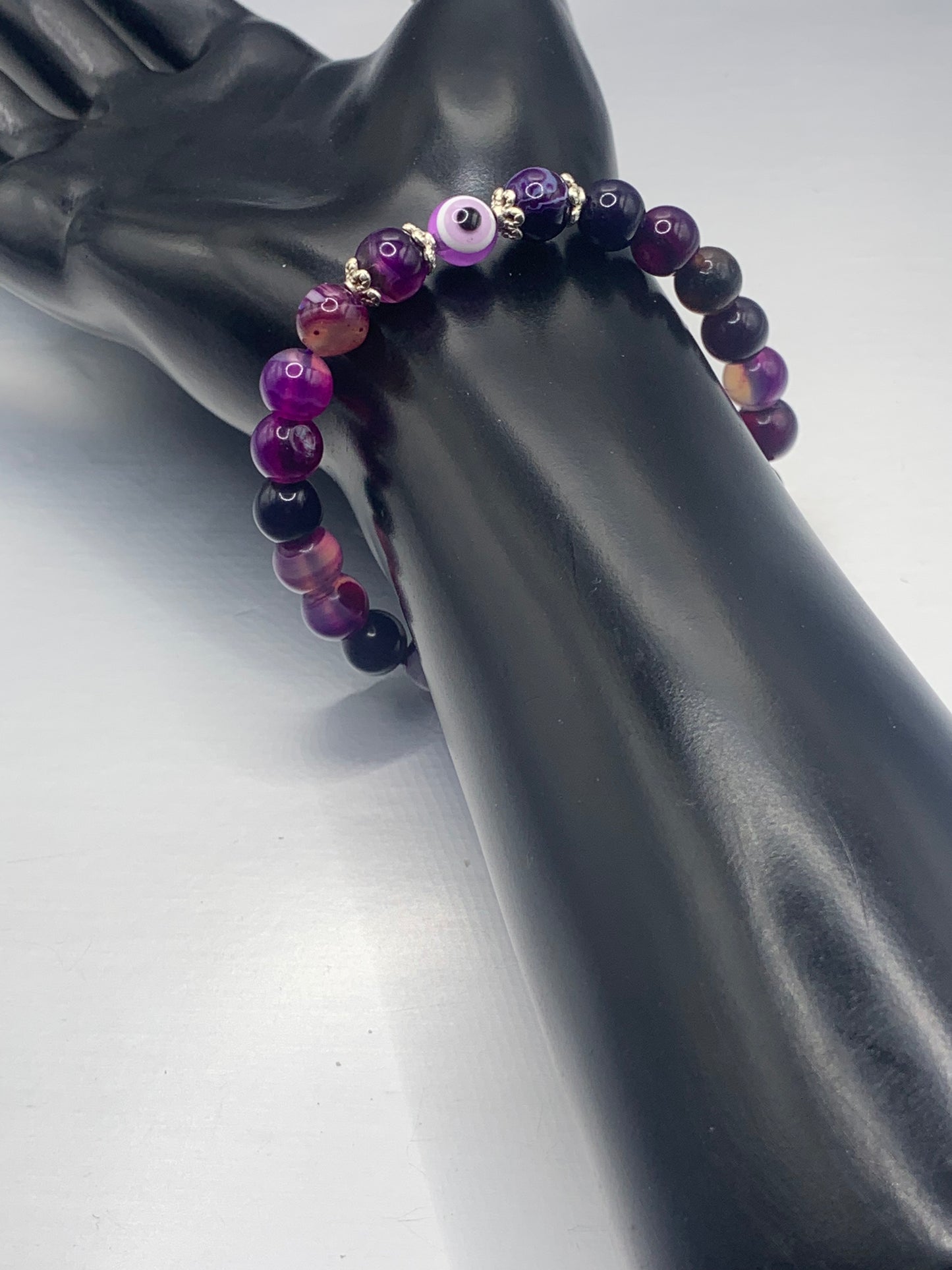 Purple lace agate semi precious stone/crystal with resin evil eye beaded elastic bracelet
