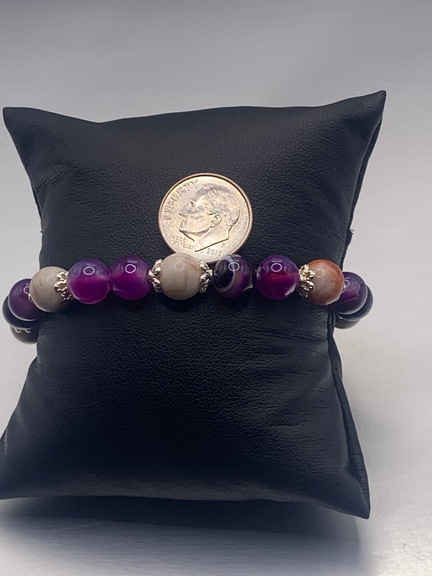 Red vein jasper and purple lace agate semi precious stone/crystal elastic beaded bracelet with silver plated flower bead caps