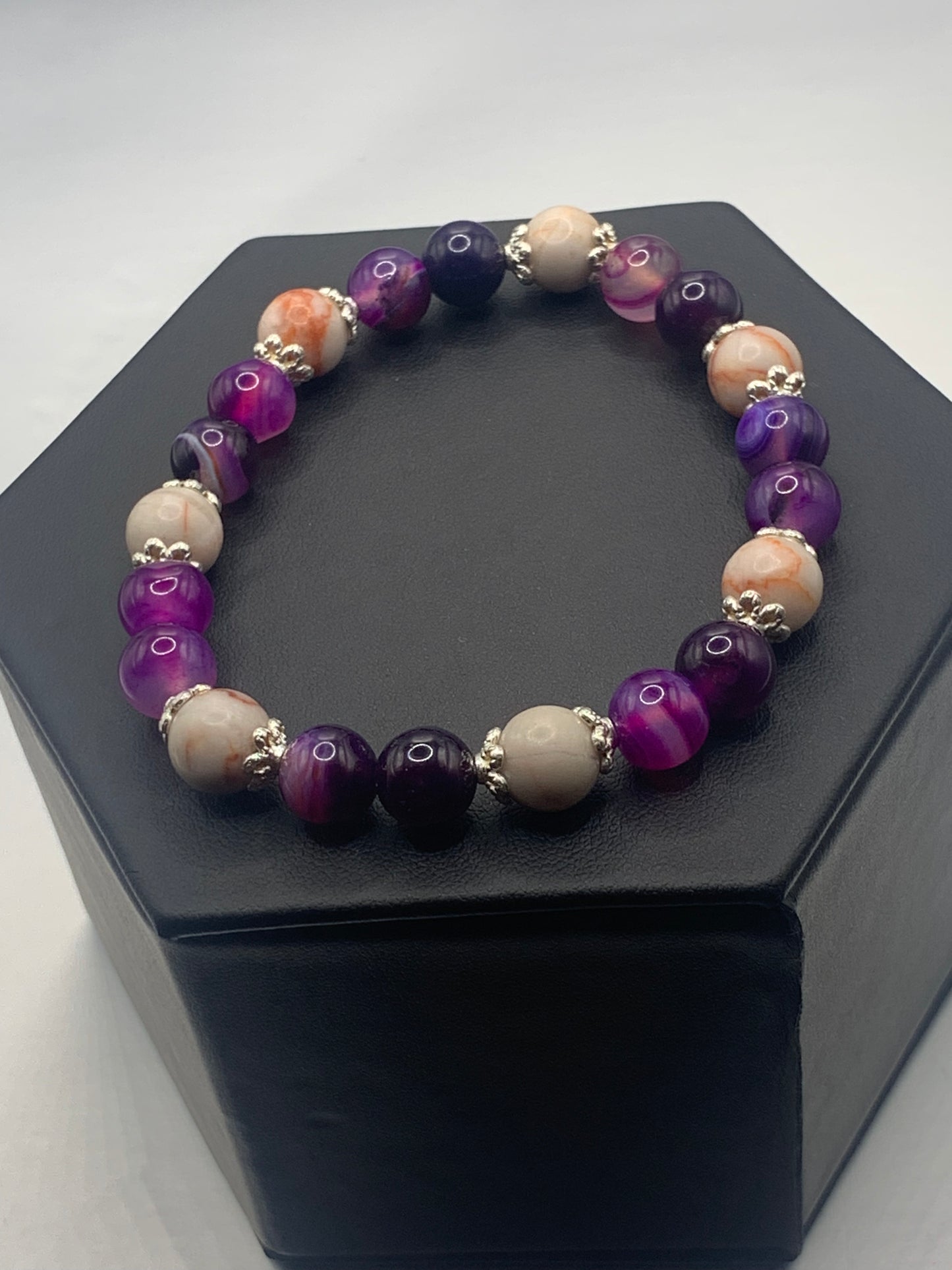 Red vein jasper and purple lace agate semi precious stone/crystal elastic beaded bracelet with silver plated flower bead caps