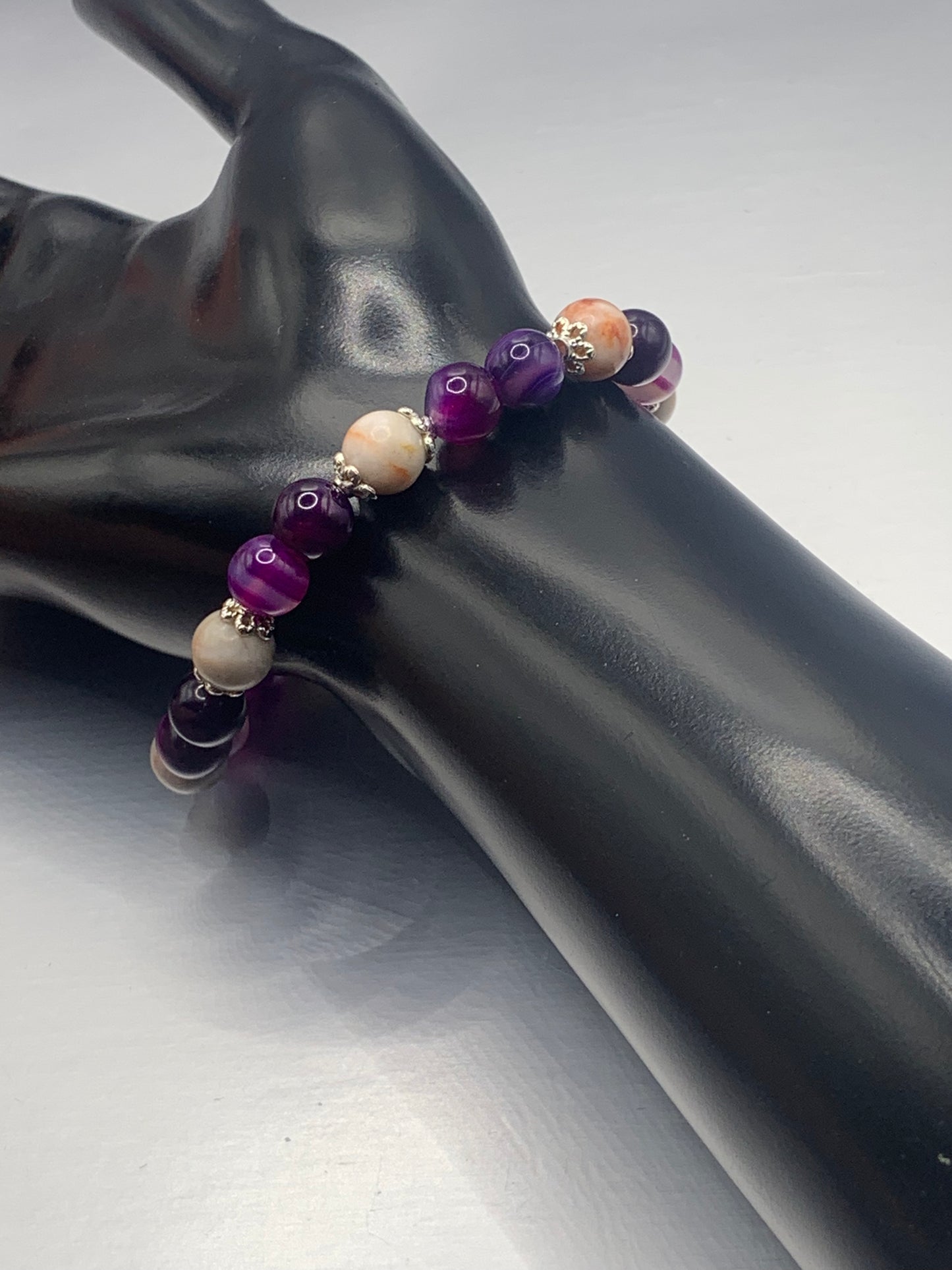 Red vein jasper and purple lace agate semi precious stone/crystal elastic beaded bracelet with silver plated flower bead caps