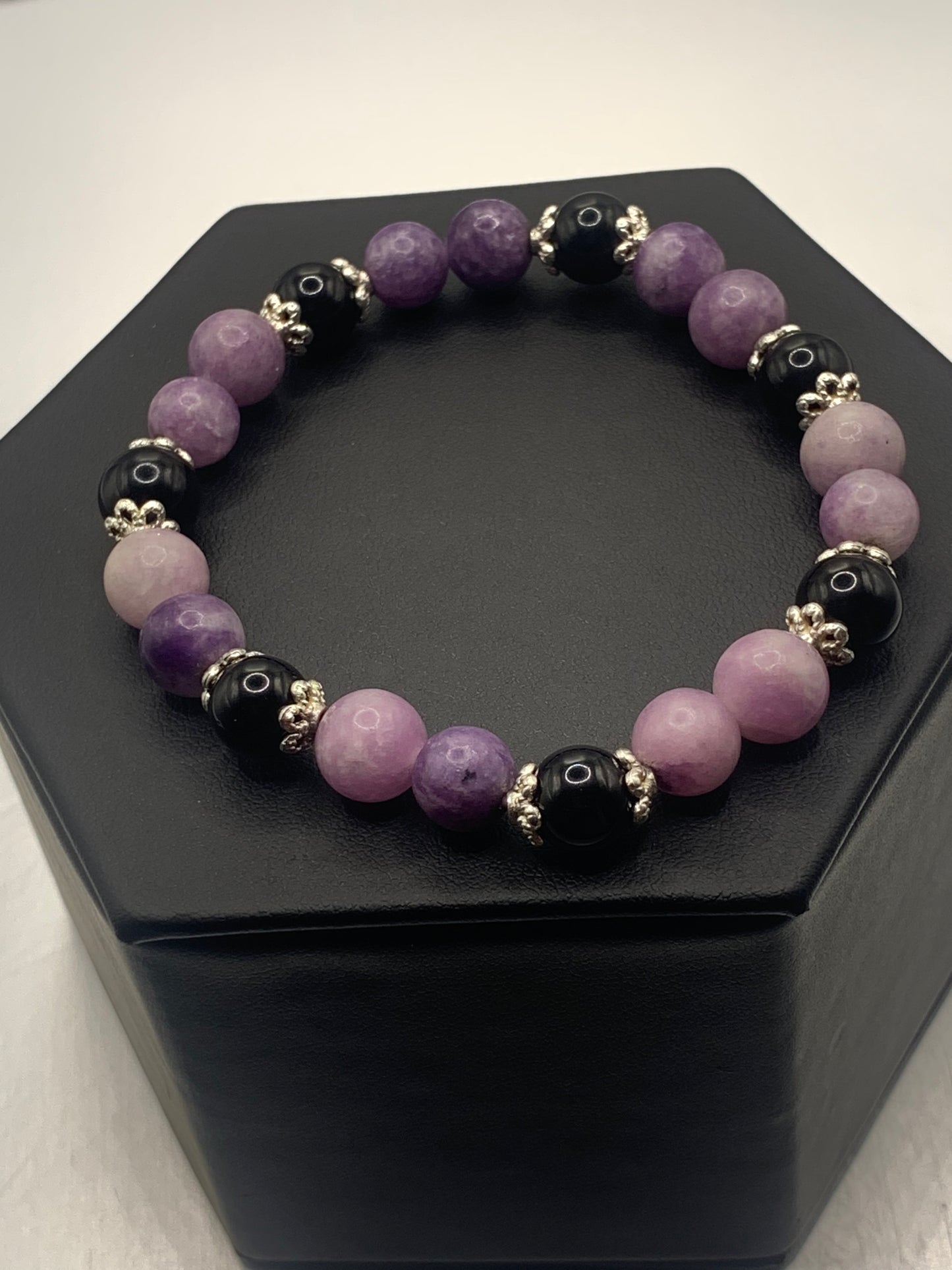 Black obsidian with purple mica semi precious stone/crystal beaded elastic bracelet with silver plated flower bead caps