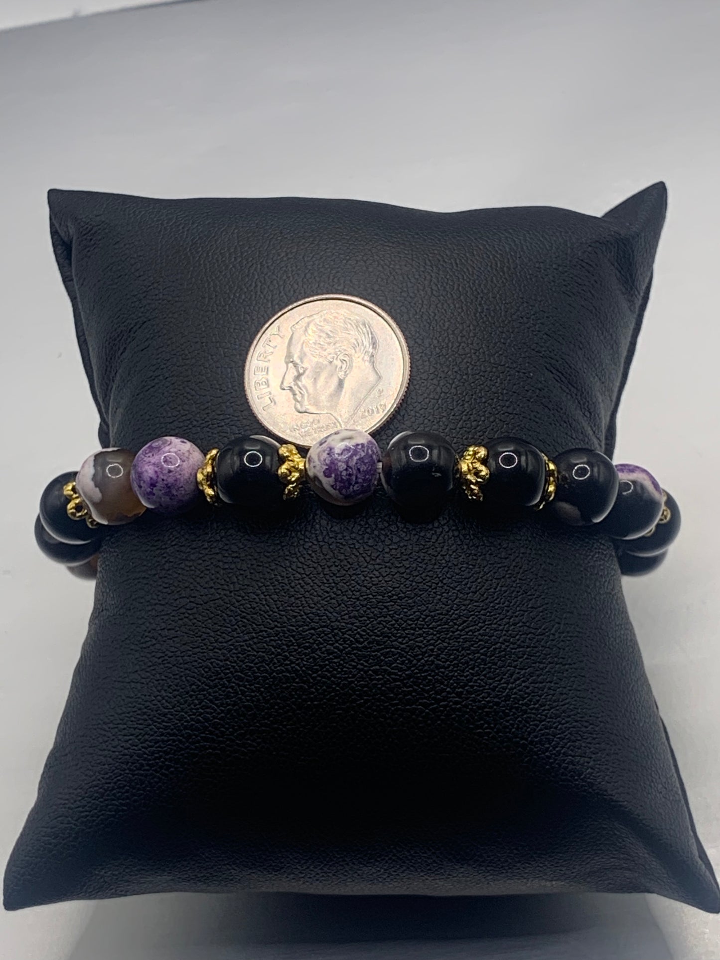 Black obsidian with purple orca agate semi precious stone/crystal beaded elastic bracelet with gold plated flower bead caps