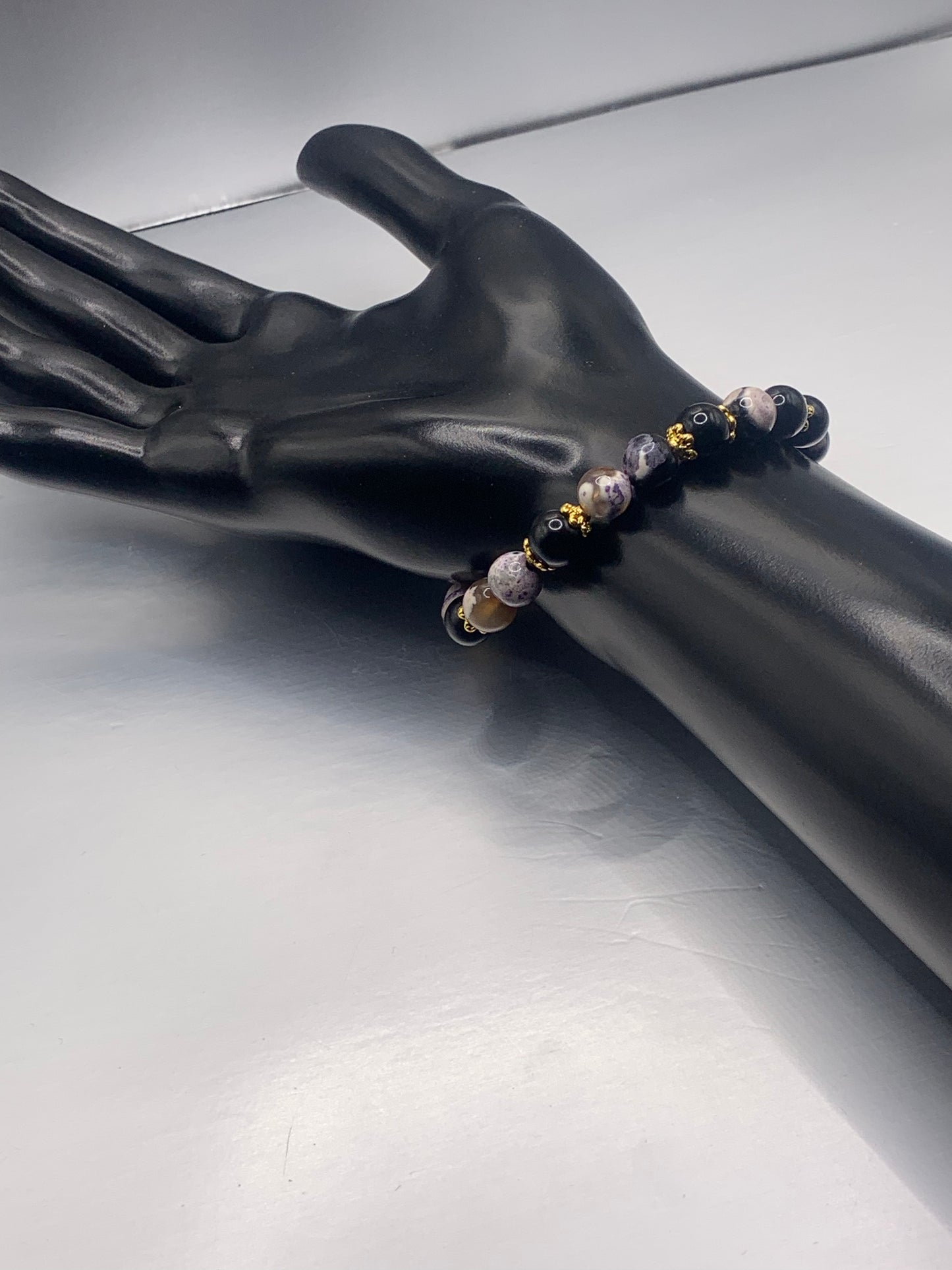 Black obsidian with purple orca agate semi precious stone/crystal beaded elastic bracelet with gold plated flower bead caps