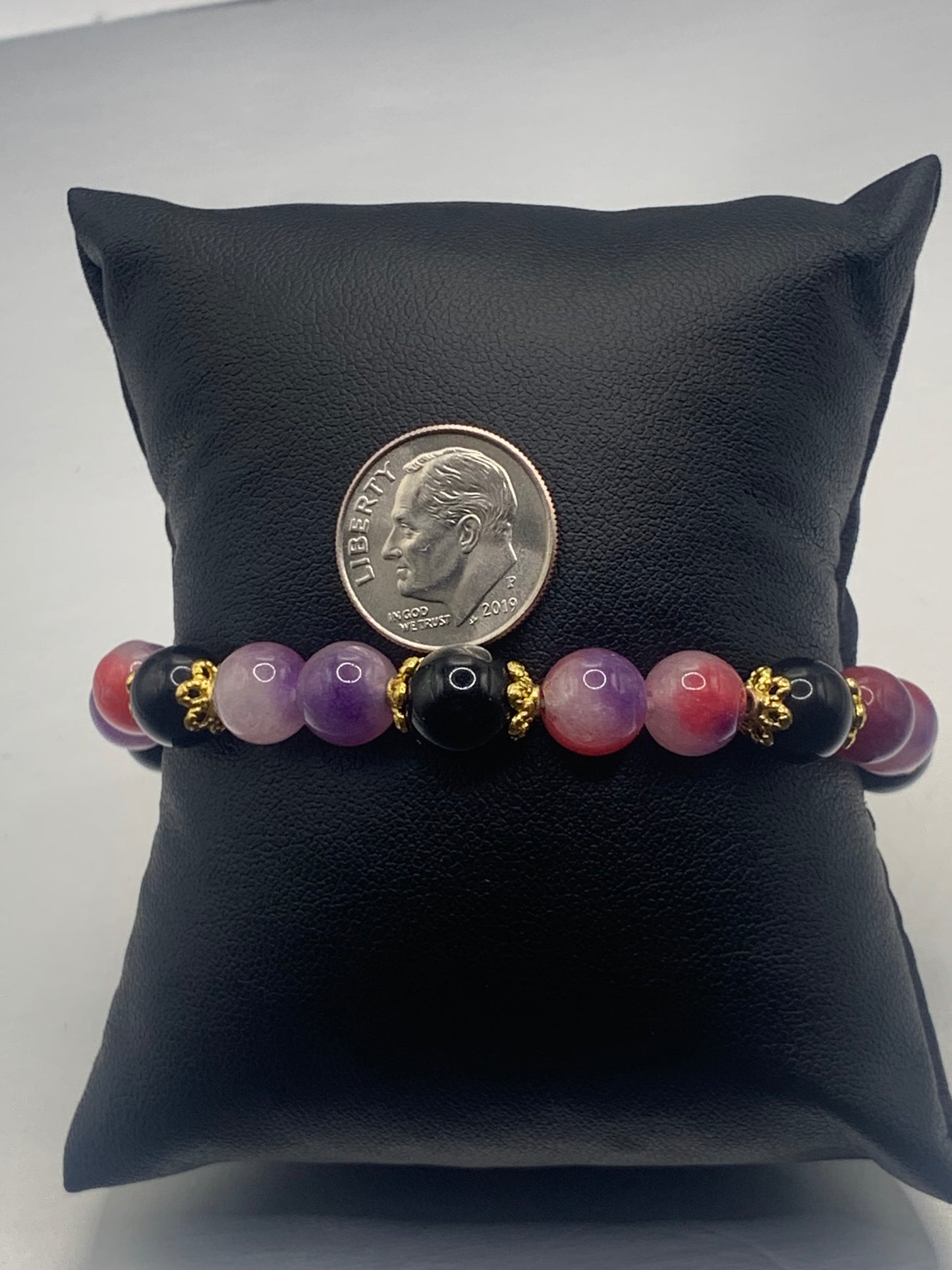 Black obsidian with purple pink chalcedony semi precious stone/crystal beaded elastic bracelet with gold plated flower bead caps