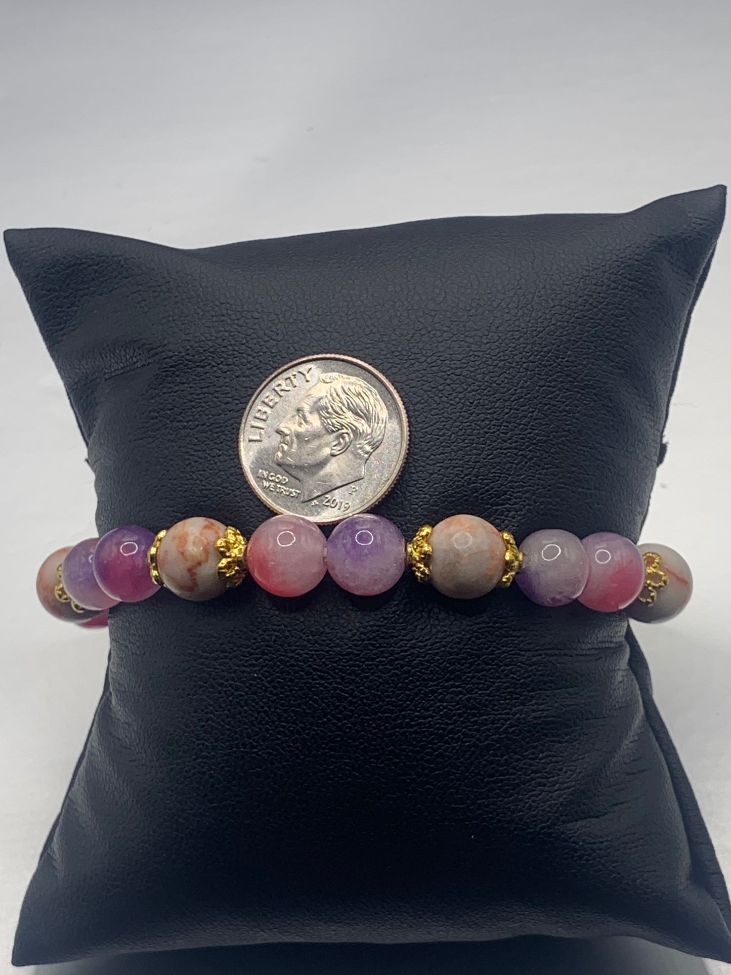 Red vein jasper and pink purple chalcedony semi precious stone/crystal elastic beaded bracelet with gold plated flower bead caps