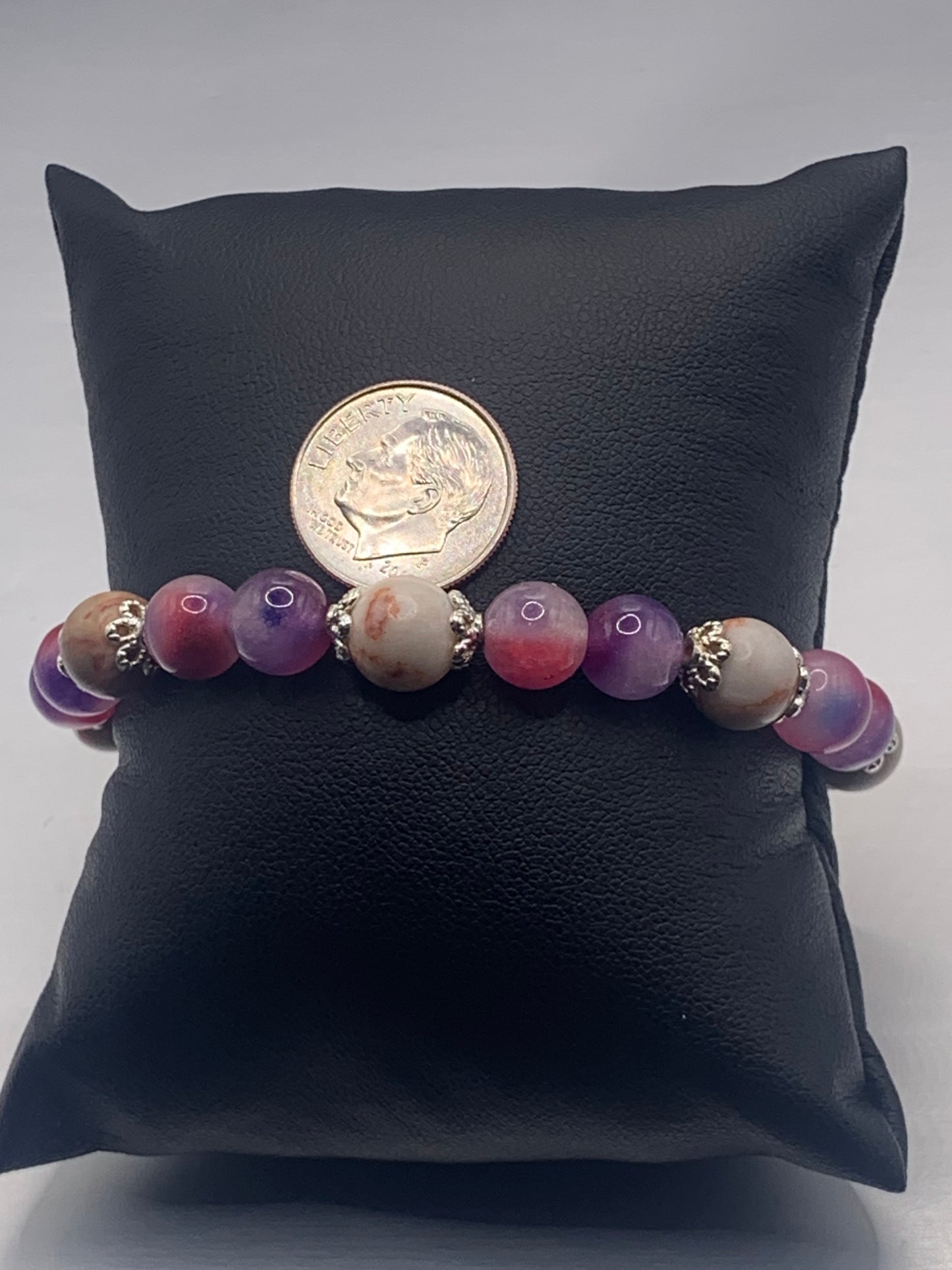 Red vein jasper and pink purple chalcedony semi precious stone/crystal elastic beaded bracelet with silver plated flower bead caps
