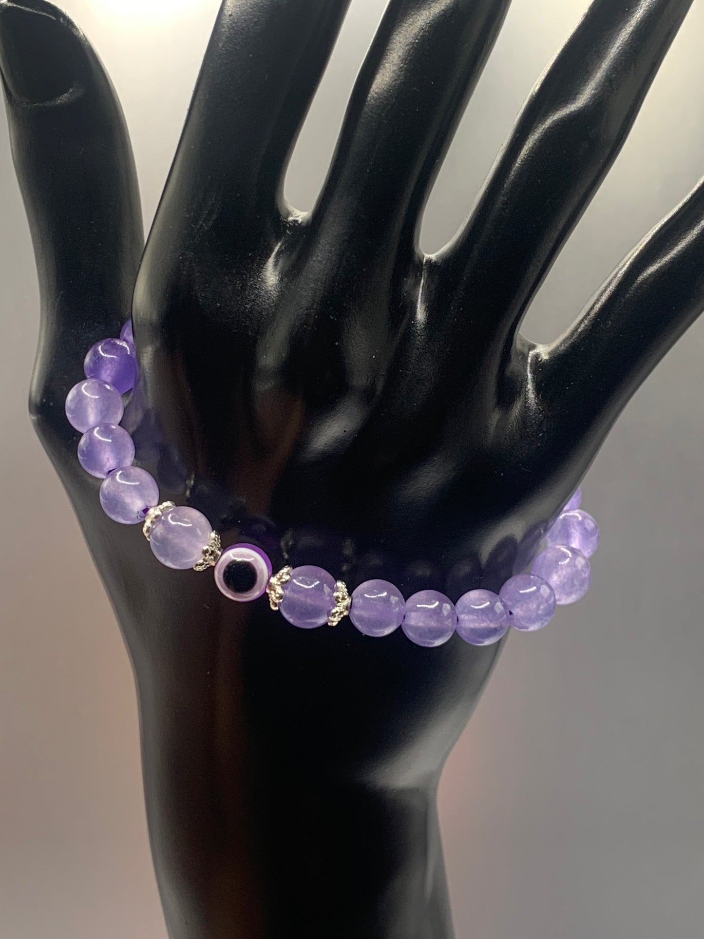 Purple agate semi precious stone/crystal with resin evil eye beaded elastic bracelet