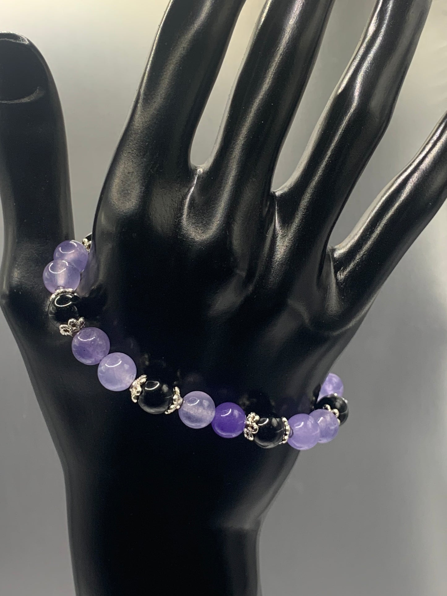 Black obsidian with purple agate semi precious stone/crystal beaded elastic bracelet with silver plated flower bead caps
