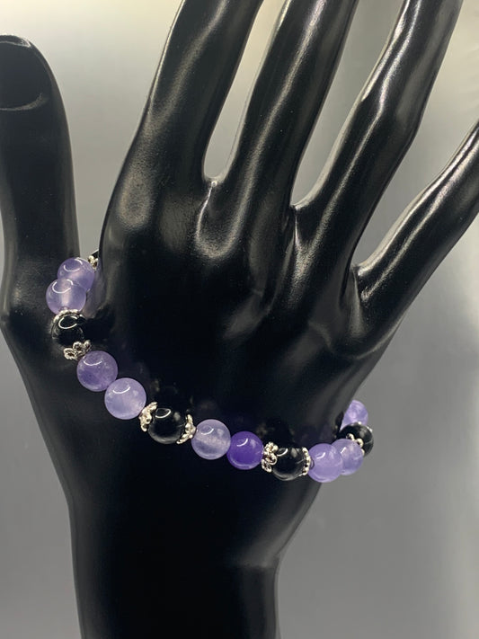 Black obsidian with purple agate semi precious stone/crystal beaded elastic bracelet with silver plated flower bead caps