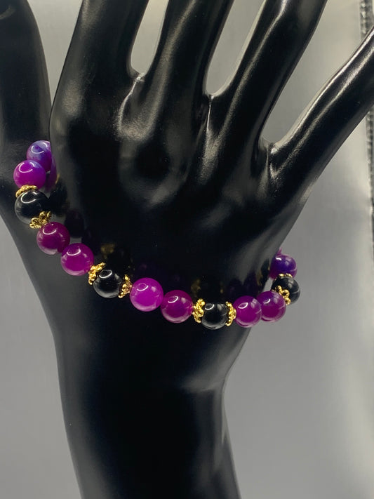 Black obsidian with purple blue chalcedony semi precious stone/crystal beaded elastic bracelet with gold plated flower bead caps