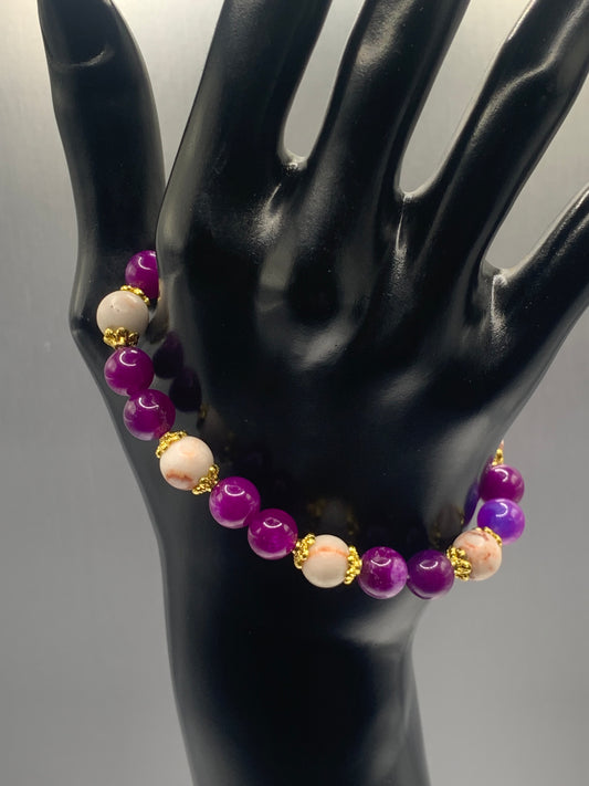 Red vein jasper and purple blue chalcedony semi precious stone/crystal elastic beaded bracelet with gold plated flower bead caps