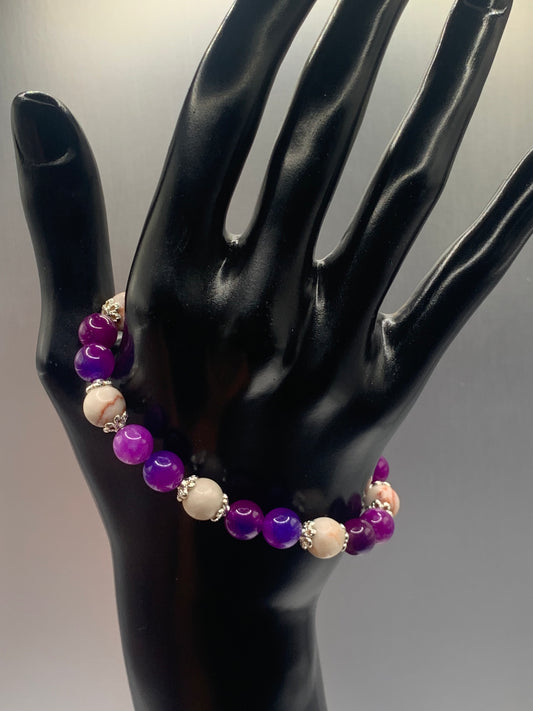 Red vein jasper and purple blue chalcedony semi precious stone/crystal elastic beaded bracelet with silver plated flower bead caps