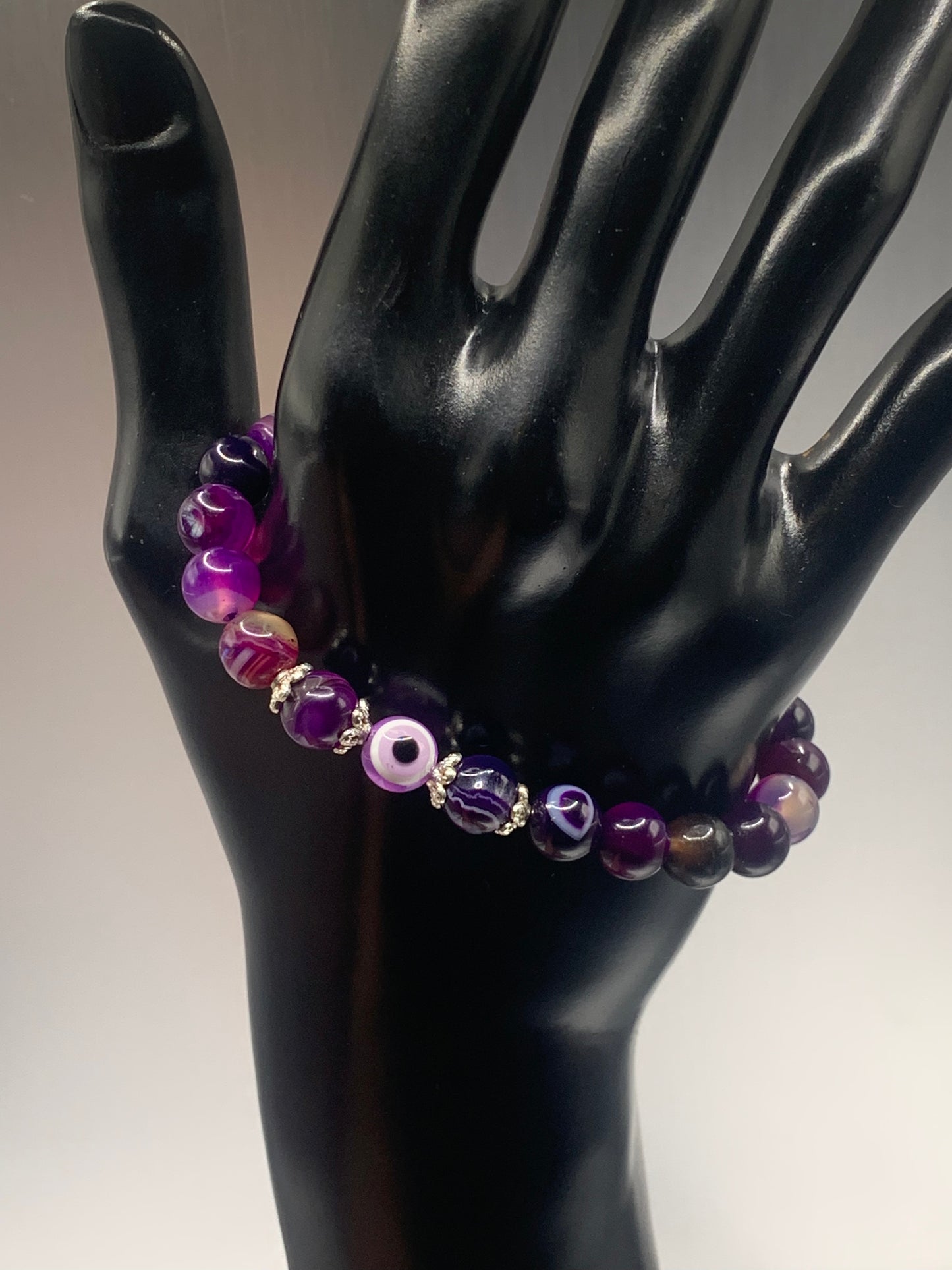 Purple lace agate semi precious stone/crystal with resin evil eye beaded elastic bracelet