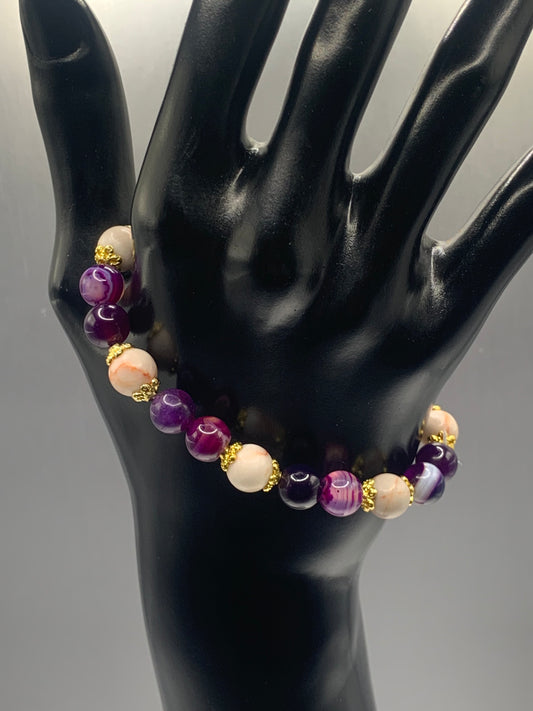 Red vein jasper and purple lace agate semi precious stone/crystal elastic beaded bracelet with gold plated flower bead caps