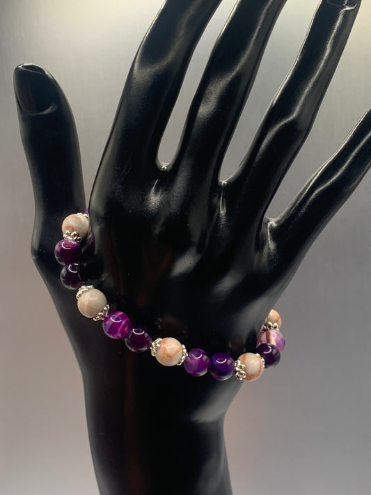 Red vein jasper and purple lace agate semi precious stone/crystal elastic beaded bracelet with silver plated flower bead caps