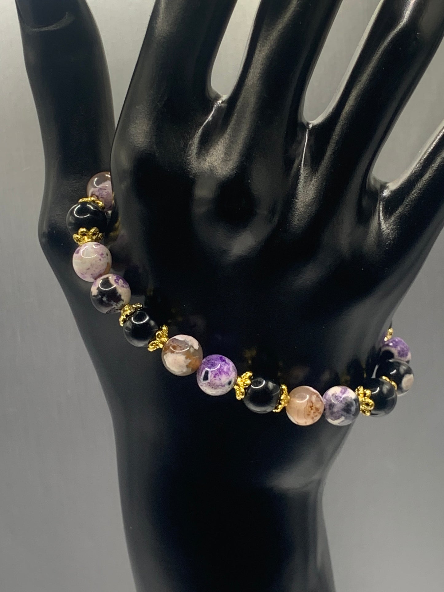 Black obsidian with purple orca agate semi precious stone/crystal beaded elastic bracelet with gold plated flower bead caps