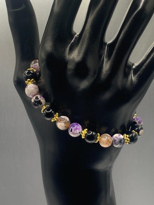 Black obsidian with purple orca agate semi precious stone/crystal beaded elastic bracelet with gold plated flower bead caps