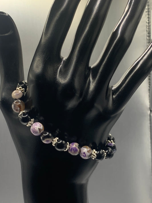 Black obsidian with purple orca agate semi precious stone/crystal beaded elastic bracelet with silver plated flower bead caps