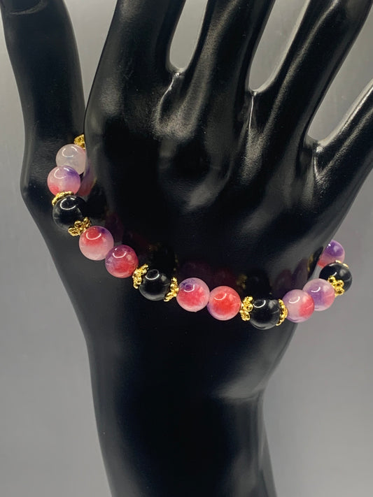 Black obsidian with purple pink chalcedony semi precious stone/crystal beaded elastic bracelet with gold plated flower bead caps