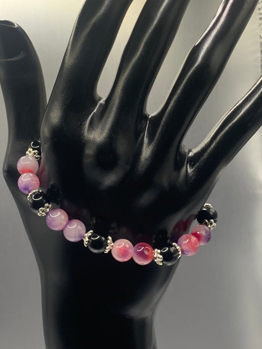 Black obsidian with purple pink chalcedony semi precious stone/crystal beaded elastic bracelet with silver plated flower bead caps