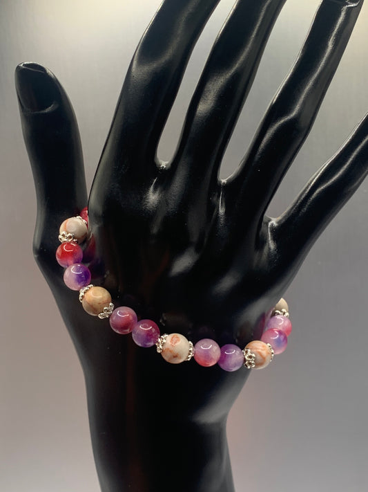Red vein jasper and pink purple chalcedony semi precious stone/crystal elastic beaded bracelet with silver plated flower bead caps
