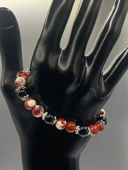 Black obsidian with red white orca agate semi precious stone/crystal beaded elastic bracelet with silver plated flower bead caps