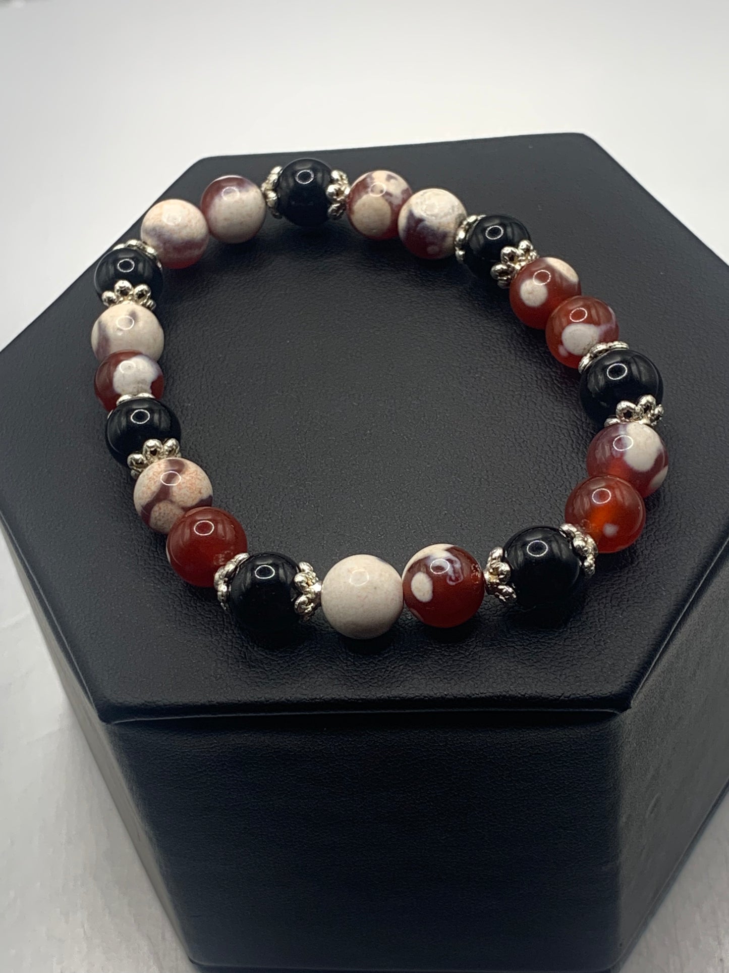 Black obsidian with red white orca agate semi precious stone/crystal beaded elastic bracelet with silver plated flower bead caps