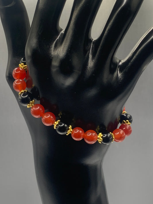 Black obsidian with red agate semi precious stone/crystal beaded elastic bracelet with gold plated flower bead caps