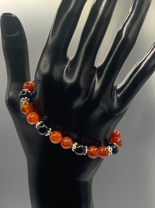 Black obsidian with red agate semi precious stone/crystal beaded elastic bracelet with silver plated flower bead caps