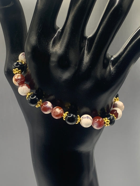 Black obsidian with red white orca agate semi precious stone/crystal beaded elastic bracelet with gold plated flower bead caps
