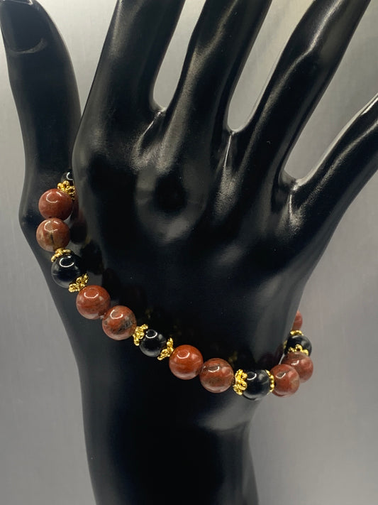 Black obsidian with red sesame jasper semi precious stone/crystal beaded elastic bracelet with gold plated flower bead caps