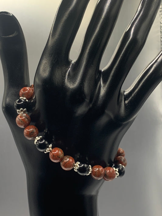 Black obsidian with red sesame jasper semi precious stone/crystal beaded elastic bracelet with silver plated flower bead caps