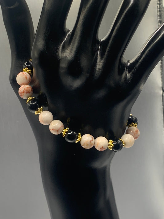 Black obsidian with red vein jasper semi precious stone/crystal beaded elastic bracelet with gold plated flower bead caps