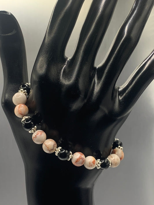 Black obsidian with red vein jasper semi precious stone/crystal beaded elastic bracelet with silver plated flower bead caps