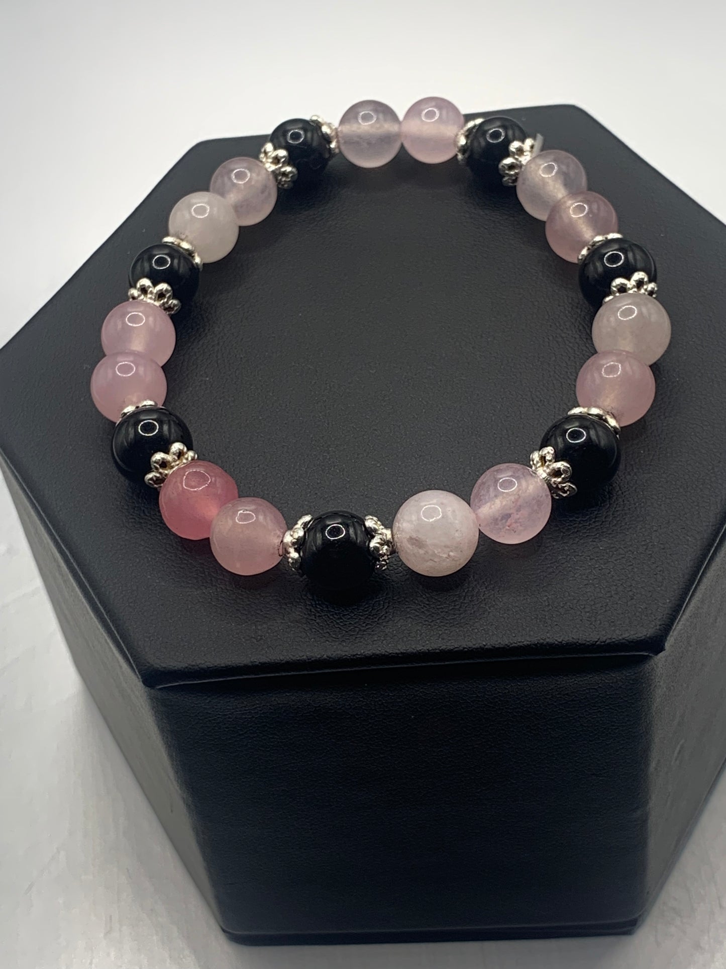 Black obsidian with rose quartz (enhanced) semi precious stone/crystal beaded elastic bracelet with silver plated flower bead caps
