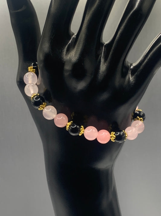 Black obsidian with rose quartz (enhanced) semi precious stone/crystal beaded elastic bracelet with gold plated flower bead caps