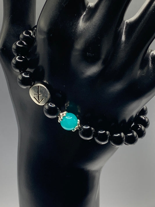 Sagittarius Zodiac black obsidian with aquamarine chalcedony semi precious stone/crystal elastic beaded bracelet