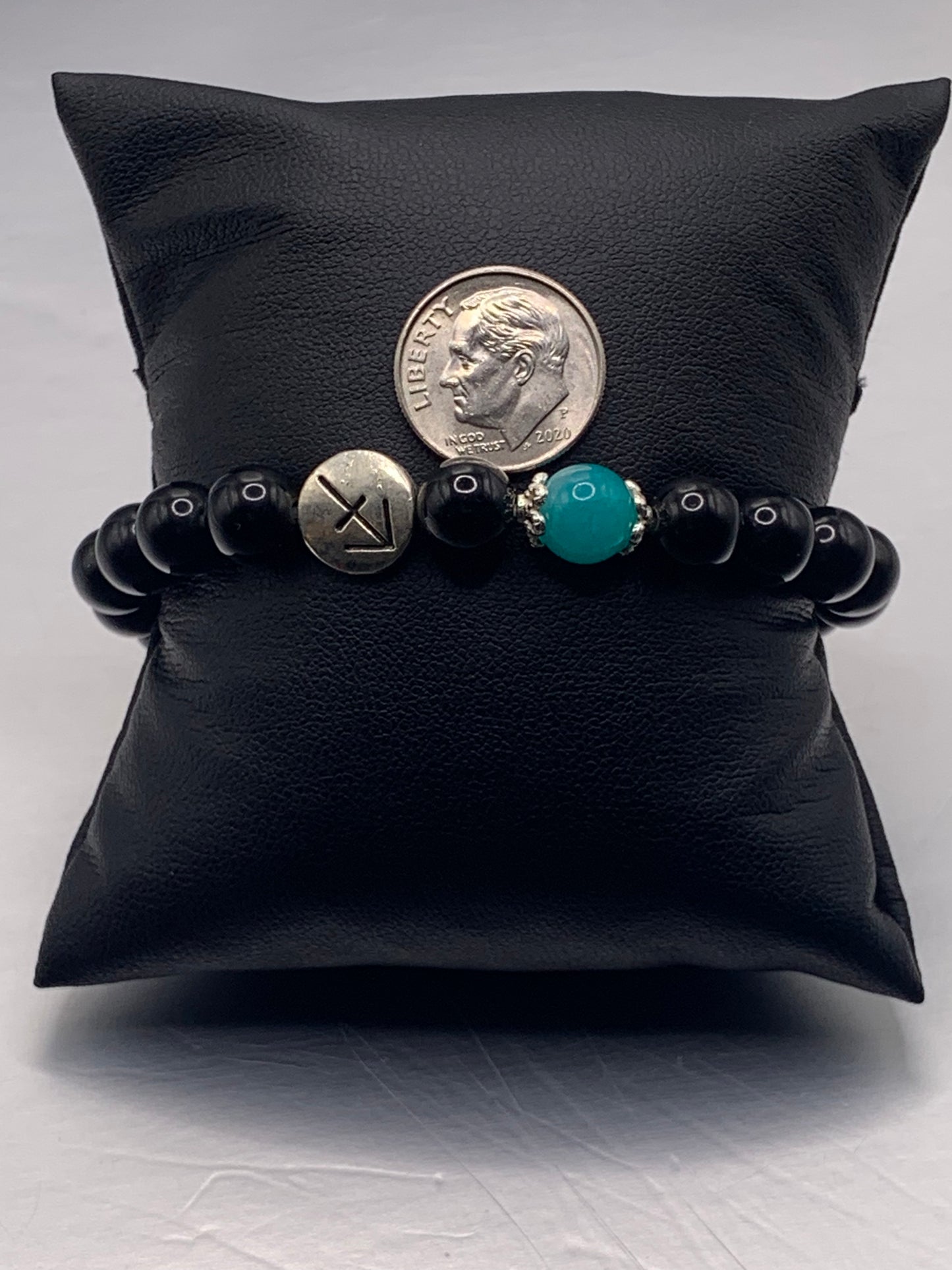 Sagittarius Zodiac black obsidian with aquamarine chalcedony semi precious stone/crystal elastic beaded bracelet
