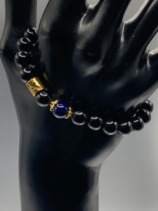 Sagittarius Zodiac black obsidian with blue lace agate semi precious stone/crystal elastic beaded bracelet with gold accents