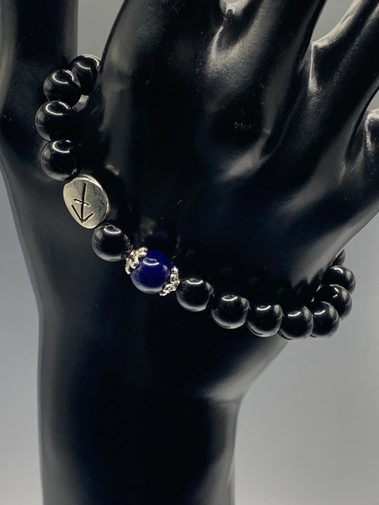 Sagittarius Zodiac black obsidian with blue lace agate semi precious stone/crystal elastic beaded bracelet with silver accents