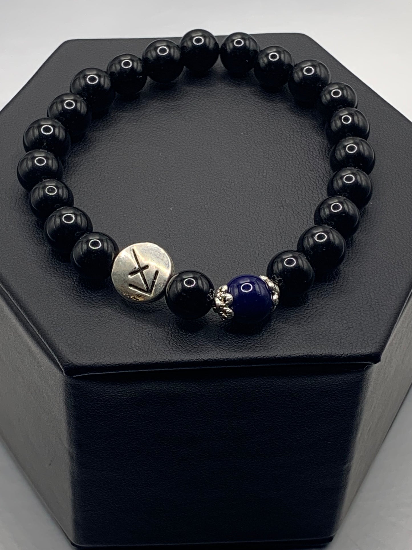 Sagittarius Zodiac black obsidian with blue lace agate semi precious stone/crystal elastic beaded bracelet with silver accents