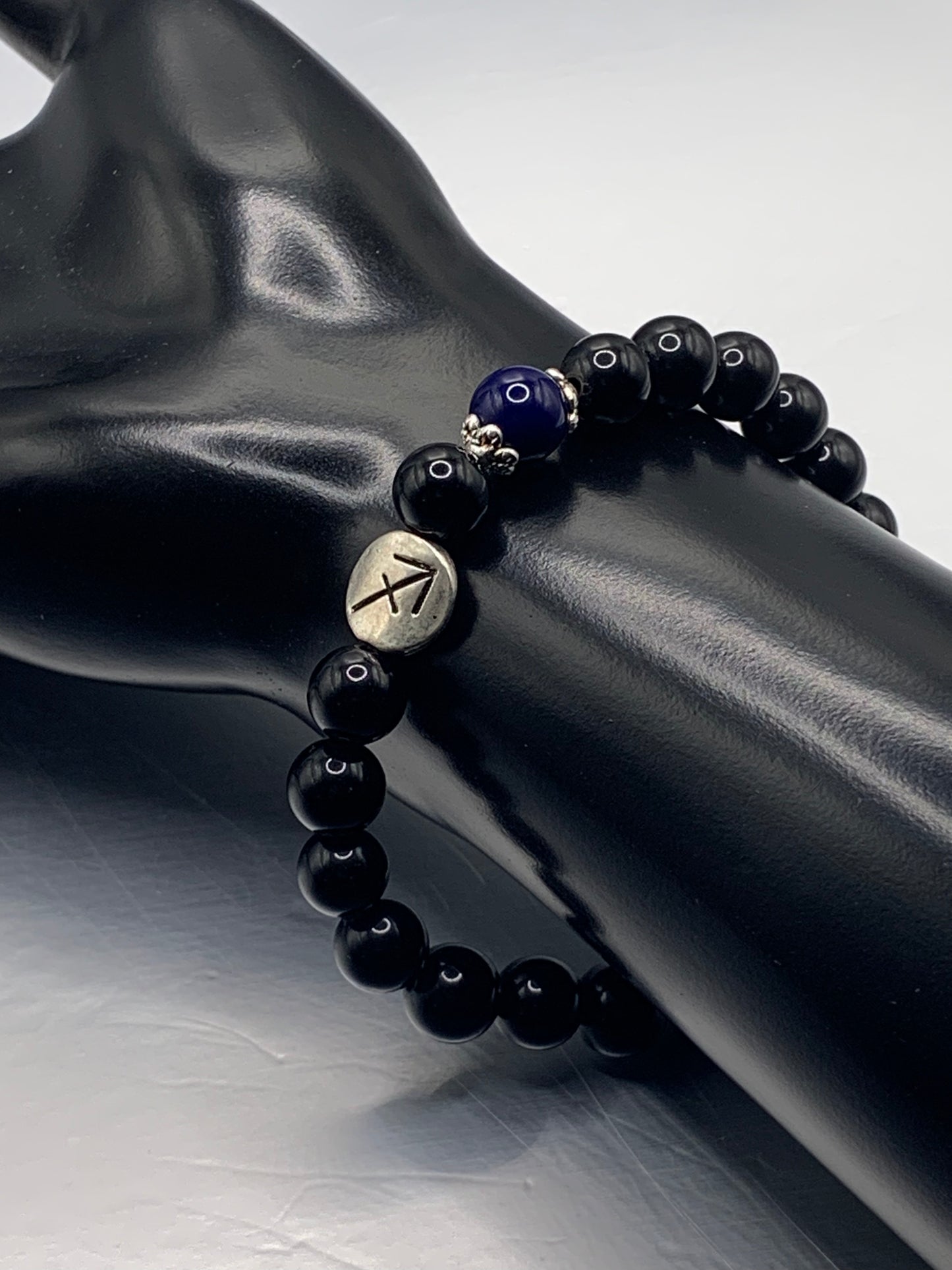 Sagittarius Zodiac black obsidian with blue lace agate semi precious stone/crystal elastic beaded bracelet with silver accents