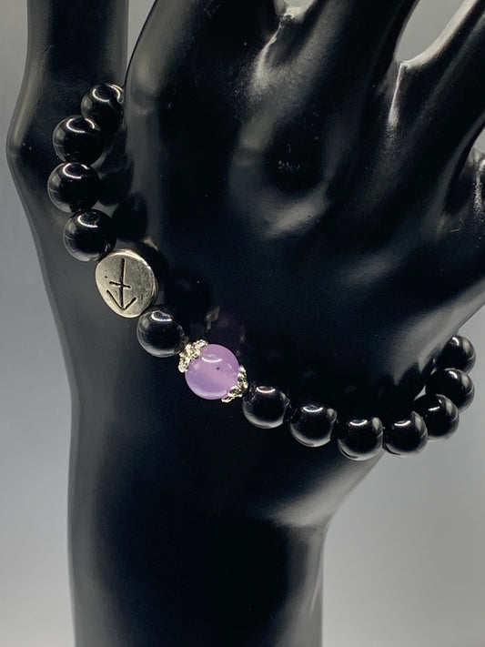 Sagittarius  Zodiac black obsidian with lavender agate semi precious stone/crystal elastic beaded bracelet with silver accents