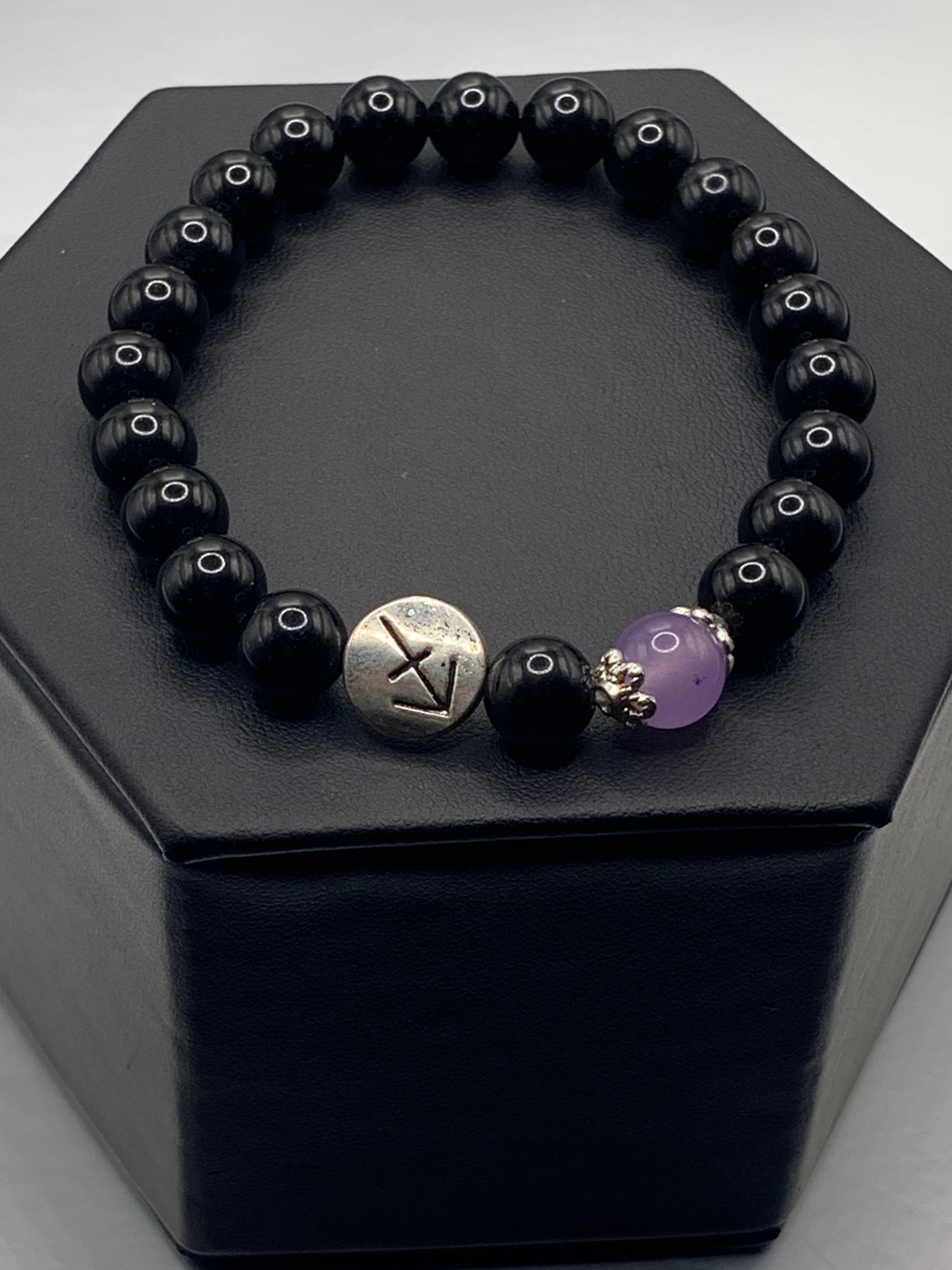 Sagittarius  Zodiac black obsidian with lavender agate semi precious stone/crystal elastic beaded bracelet with silver accents