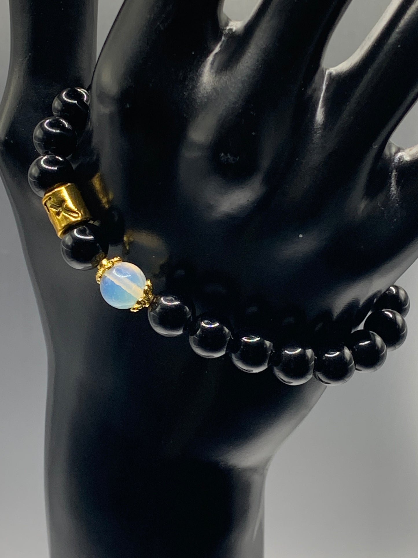 Sagittarius Zodiac black obsidian with opalite semi precious stone/crystal elastic beaded bracelet