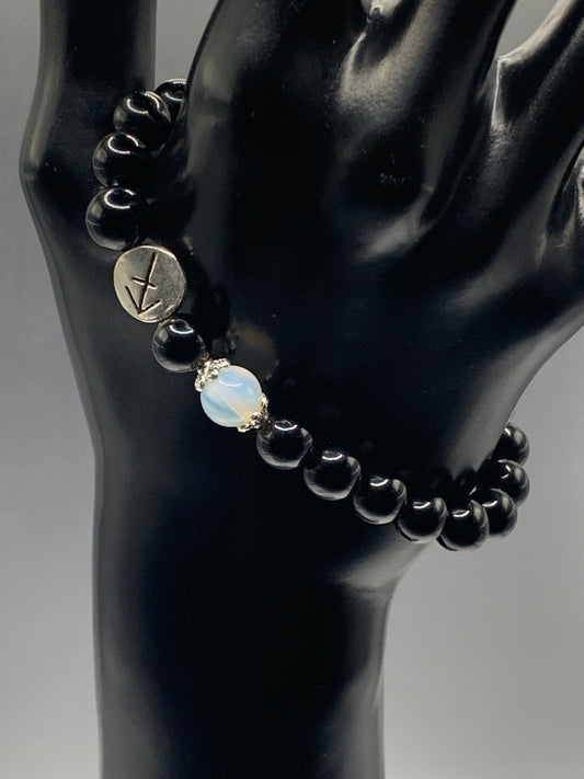 Sagittarius Zodiac black obsidian with opalite semi precious stone/crystal elastic beaded bracelet
