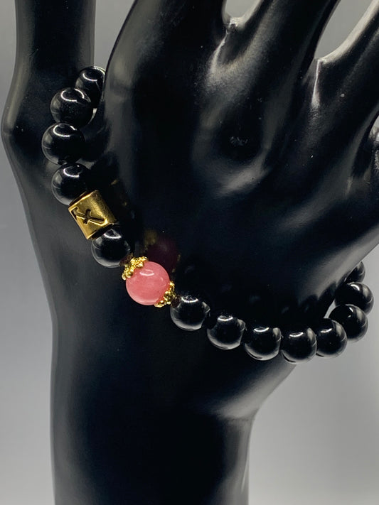 Sagittarius Zodiac black obsidian with pink chalcedony semi precious stone/crystal elastic beaded bracelet