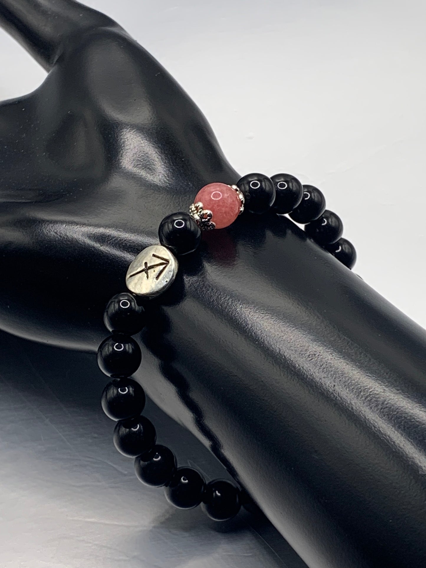 Sagittarius  Zodiac black obsidian with pink chalcedony semi precious stone/crystal elastic beaded bracelet with silver accents