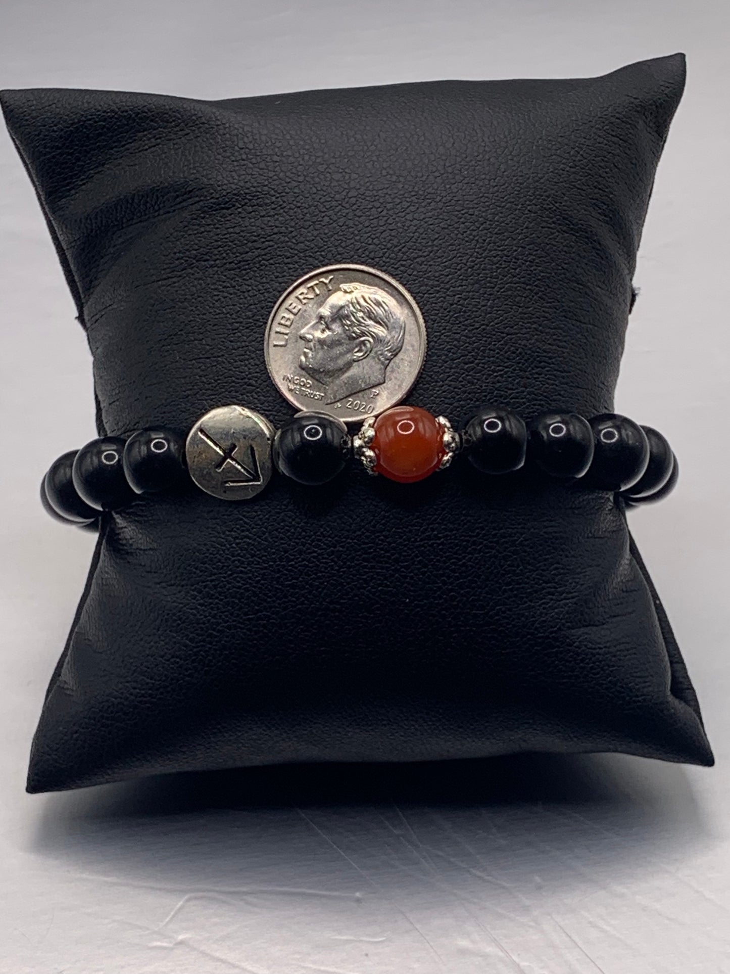 Sagittarius Zodiac black obsidian with red agate semi precious stone/crystal elastic beaded bracelet