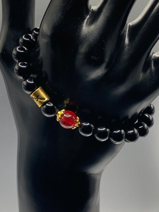 Sagittarius  Zodiac black obsidian with red chalcedony semi precious stone/crystal elastic beaded bracelet with gold accents